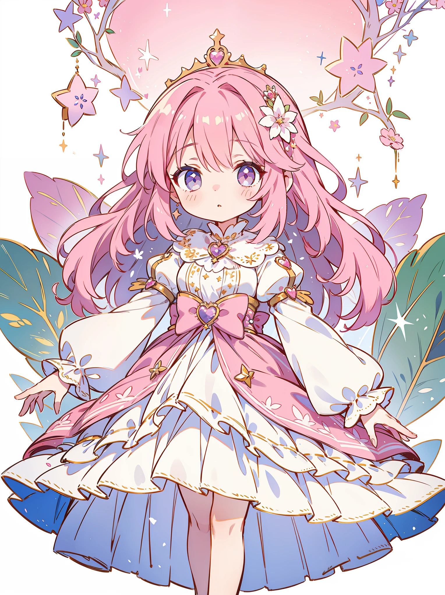 1 girl, whole body, Character Design, Pink-haired prince with heart tiara, flower, Star Accessories, high quality, wide shot, Detailed background of the Enchanted Forest
