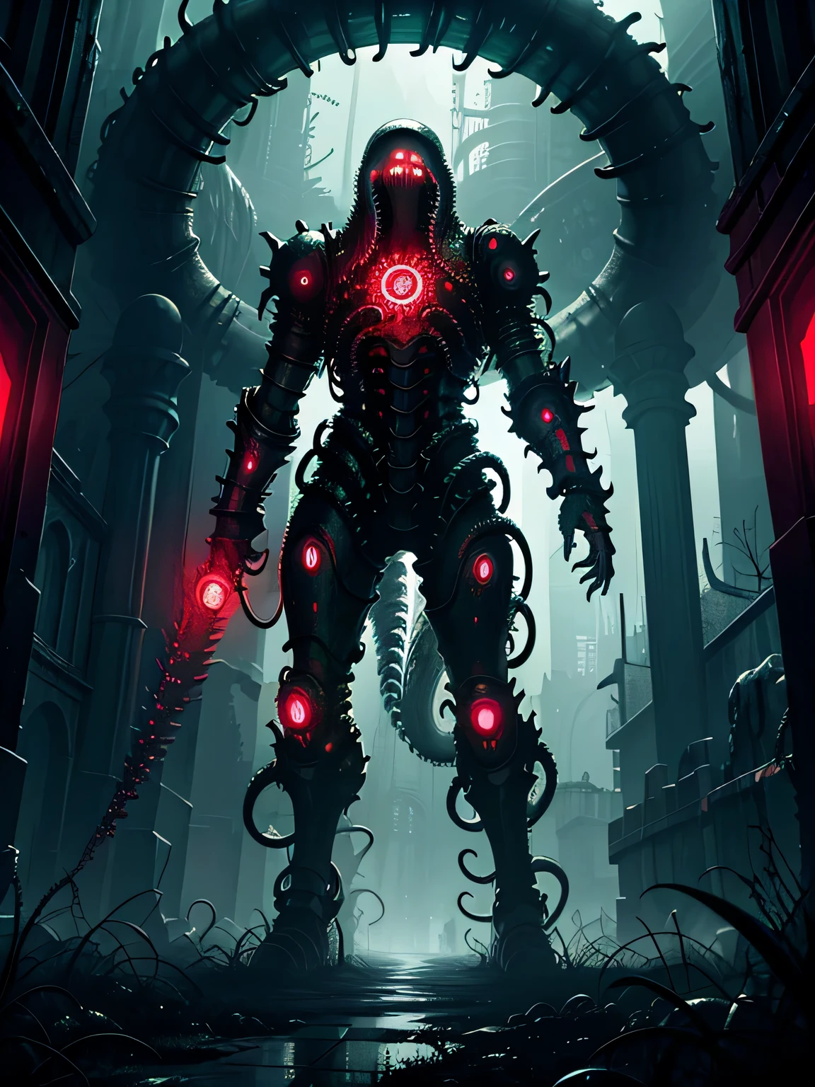 ((dark tentacle biopunk art)), ((horror tentacles)), tall empty possessed armor, red glowing eyes, holding a massive broadsword, gatekeeper, high gate, wasteland without grass, Dark lighting, (cold light), black oil liquids, (Dark Fantasy), very detailed art, very detailed background
