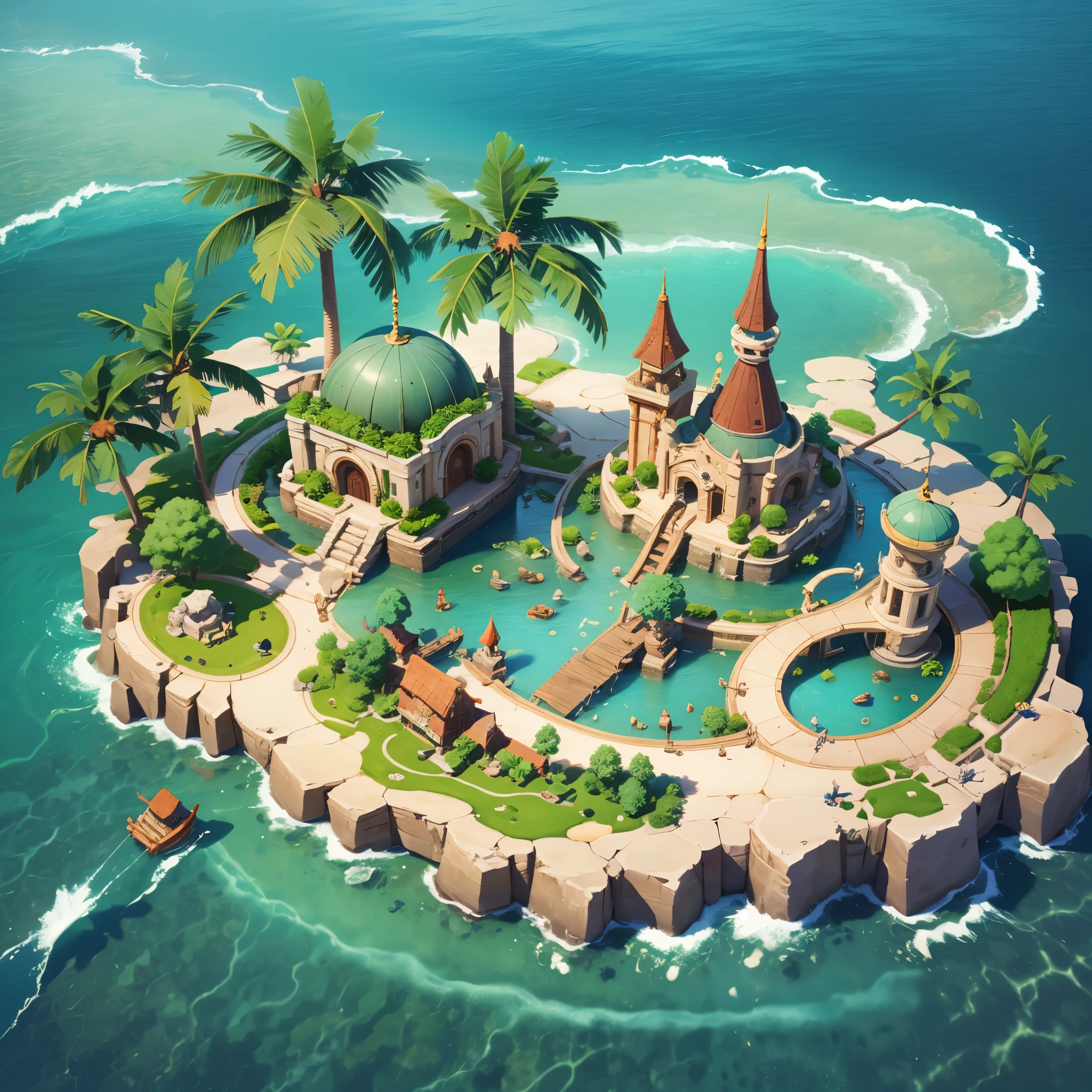 3d isometric view of Steampunk island,