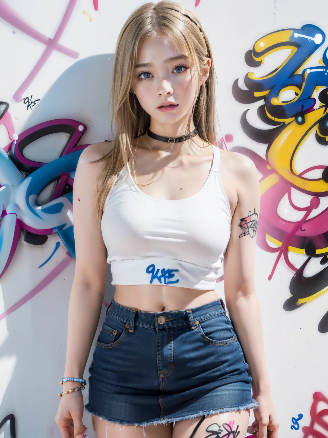 hyper realistic, Masterpiece, Best Quality, ((Lauren Gray, The face of Olivia Dunn)) 1girl, 独奏, crop-top, denim ((tight miniskirt)), Choker, (graffiti:1.5), paint splatter, Hands Behind Your Back, Against a wall, looking a viewer, A bracelet, thigh strap, Paint on the body, tilt of head, blonde hair, Gray-blue eyes of the iris, 8K resolution, intricate clothes, intricate details,