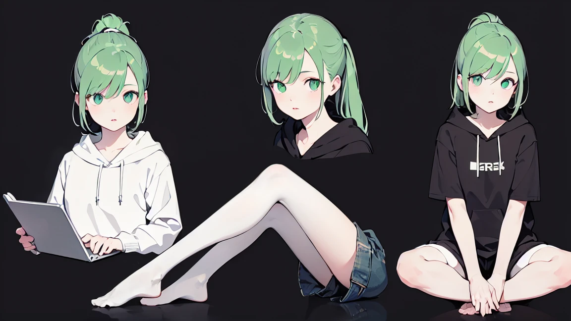 (master part:1.2, best quality), (imagem real, detalhes intrincados),  ultra detailed, Realistic: 1.37, soft lighting, Beautiful detailed eyes and lips, alone girl, dark green hair high ponytail, bare legs, you can see the whole body from head to toe, wears a dark black oversized long hoodie, without pants, white stockings, black abstract background with green lines of code, coding, programming