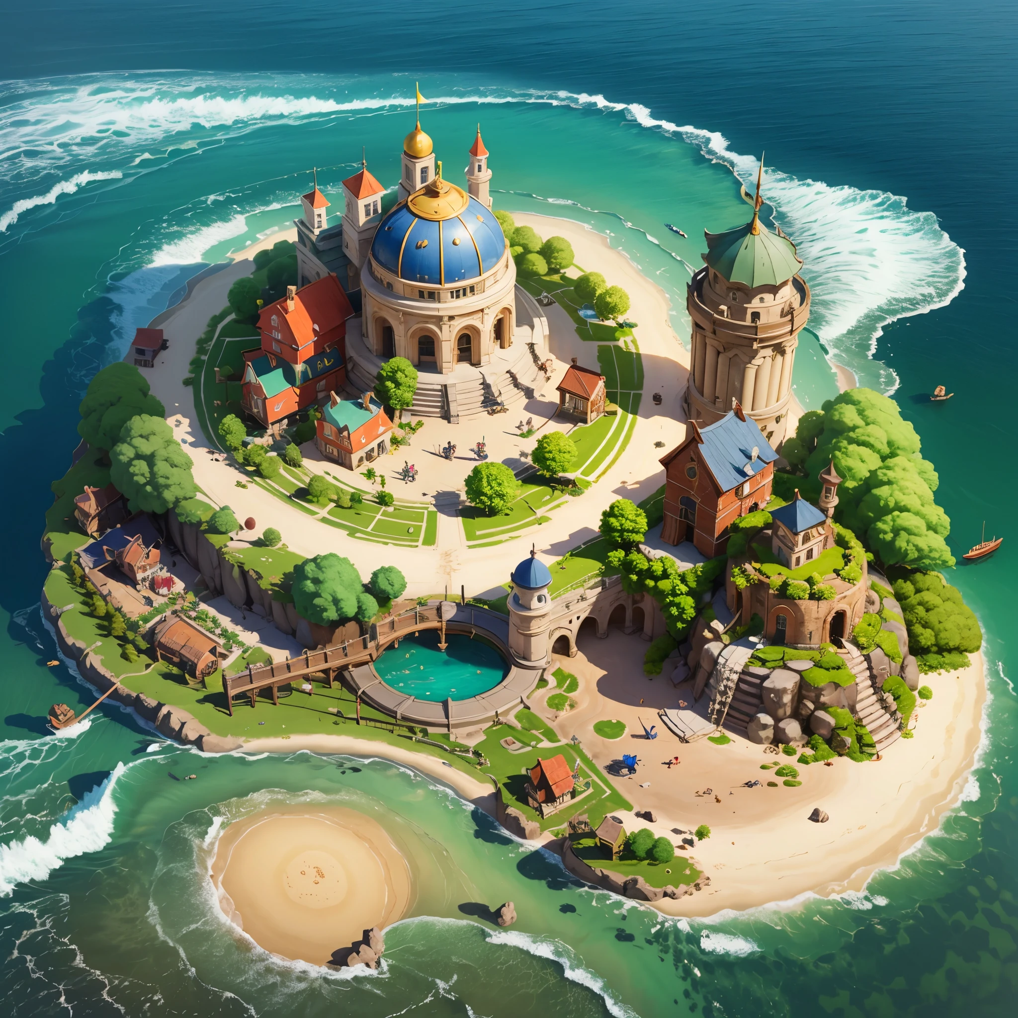 3d isometric view of Steampunk island,