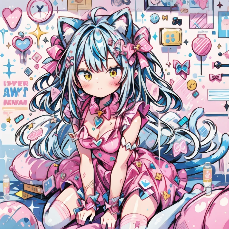 1 girl, pretty girl, cat girl, blue hair, Cute Custom, fluffy clothes, pink, Cat ear, sitting, tail, comfortable, dream-like, performer, Bubble, Sparkling, shine