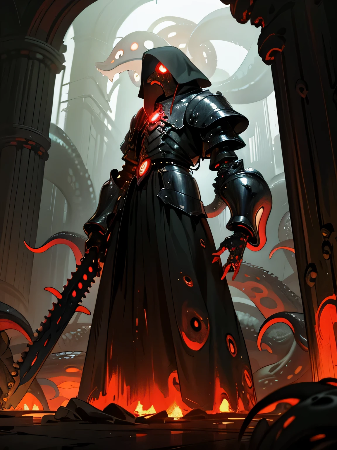 ((dark tentacle biopunk art)), ((horror tentacles)), tall empty possessed armor, red glowing eyes, holding a massive broadsword, gatekeeper, high gate, wasteland without grass, Dark lighting, (cold light), black oil liquids, (Dark Fantasy), very detailed art, very detailed background