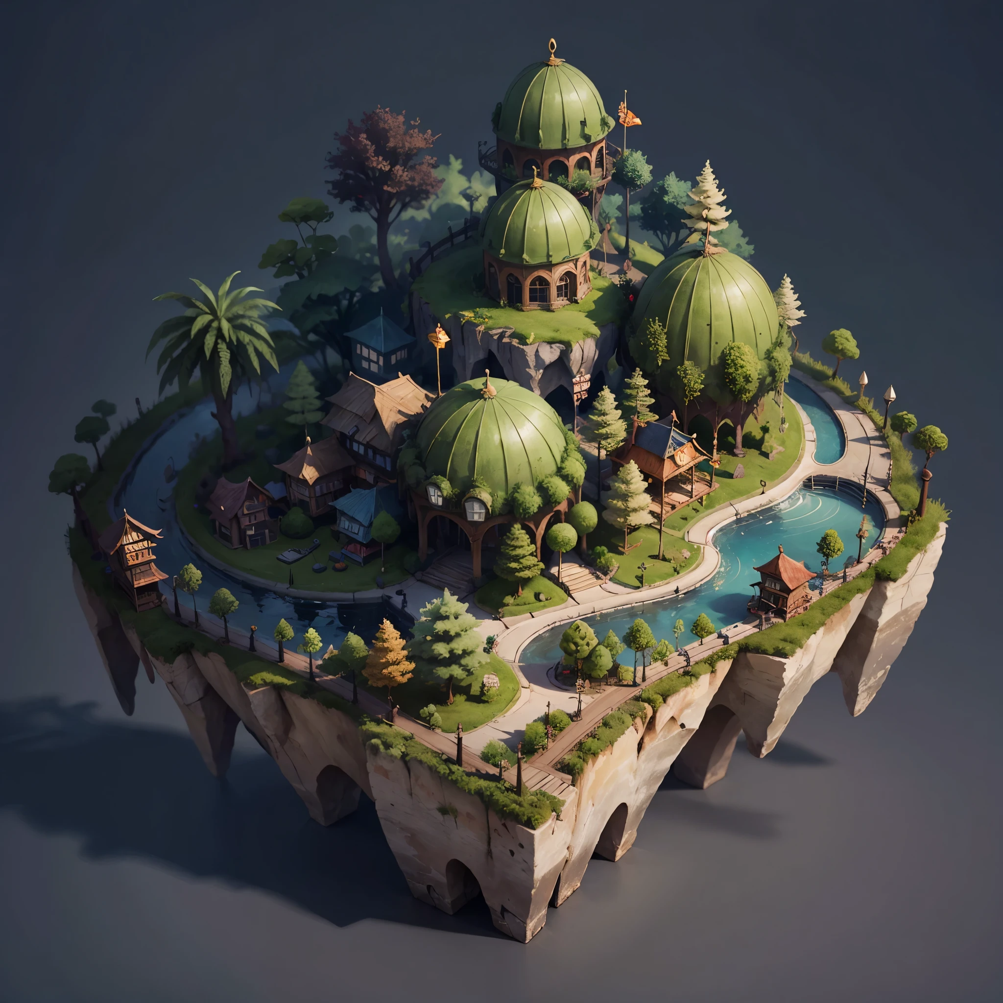 3d isometric view of dark fantasy island,