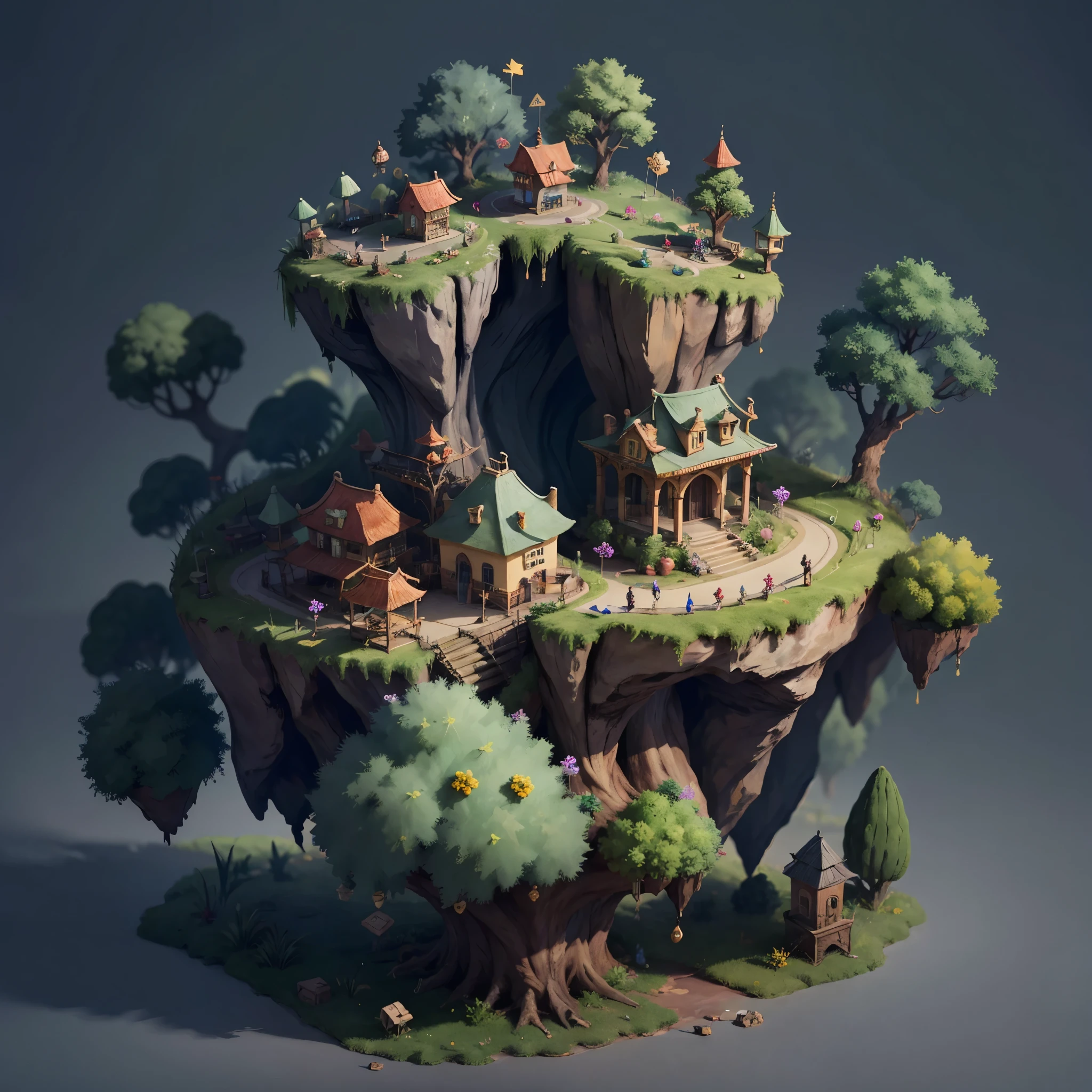 3d isometric view of dark fantasy island,