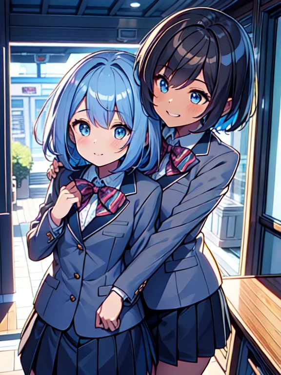 (High-quality depth maps:1.1), highest quality, super detailed,unity 8k wallpaper,Breezy,, , (beautiful eyes), ((cute)), cute, (Lovely),,,, (super detailed), (best illustrations), (best shadows),perfect lighting,Bright colors,
anime moe art style,animated style illustration, (beautiful eyes), ((cute)), cute, (Lovely),,, (Two girls hugging:1.3), blue hair, Messy bob cut hair, facial features, delicate face, Dainty facial structure, smile, close your eyes, (school blazer:1.3) Break everyday moments, Candid snapshots, Familiar environment, Personal story, Connect with people, Authentic Experiences