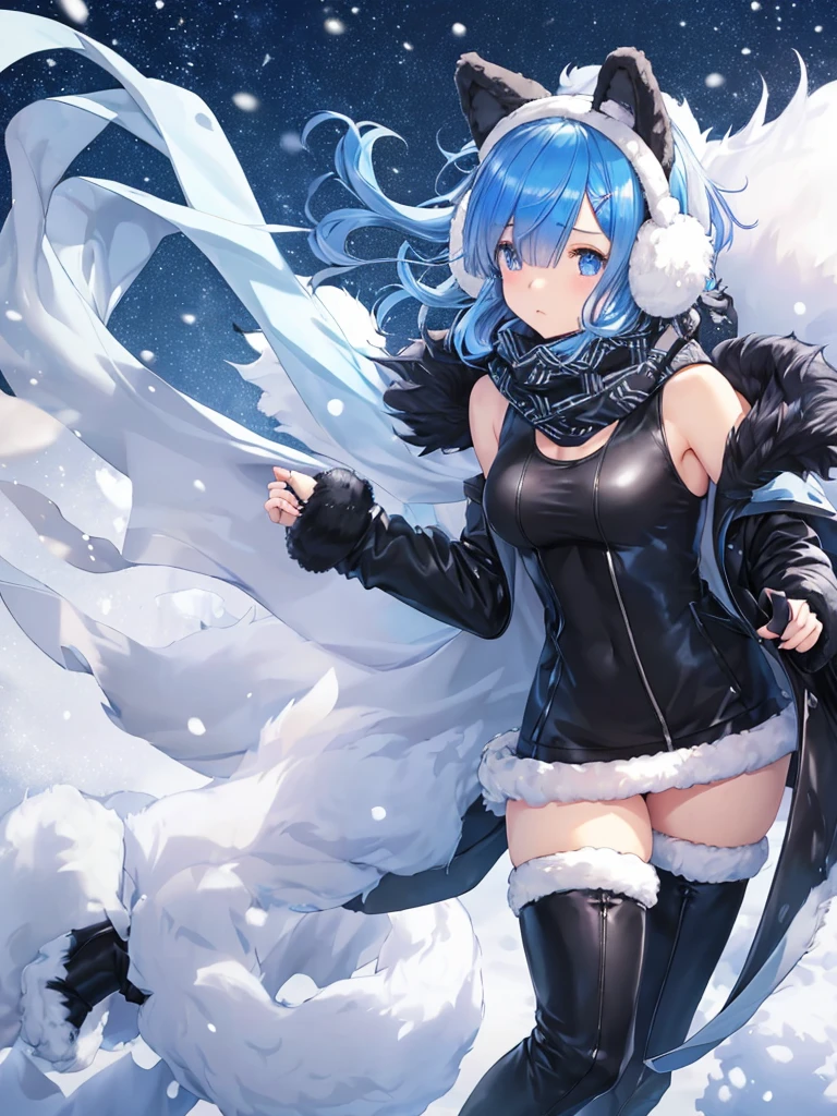 Rem,Re:zero,blue hair,short hair, (wearing a black coat over a white tank top), (open coat), (tight leather black miniskirt), (floating scarf),
(nordic pattern winter scarf),
((Both ears are covered with fluffy white fur,
fluffy earmuffs)), (heel boots).