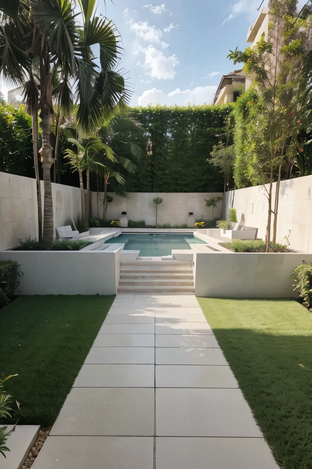 Modern garden size thirty by thirty meters with cut limestone with white rounded stones in between flooring paths , one-step high sitting area size six by six meters including a barbecue area, wall fountain , plants boxes including outdoor seats, rectangle swimming pool, 4k , sun light, grass, oriental palm trees