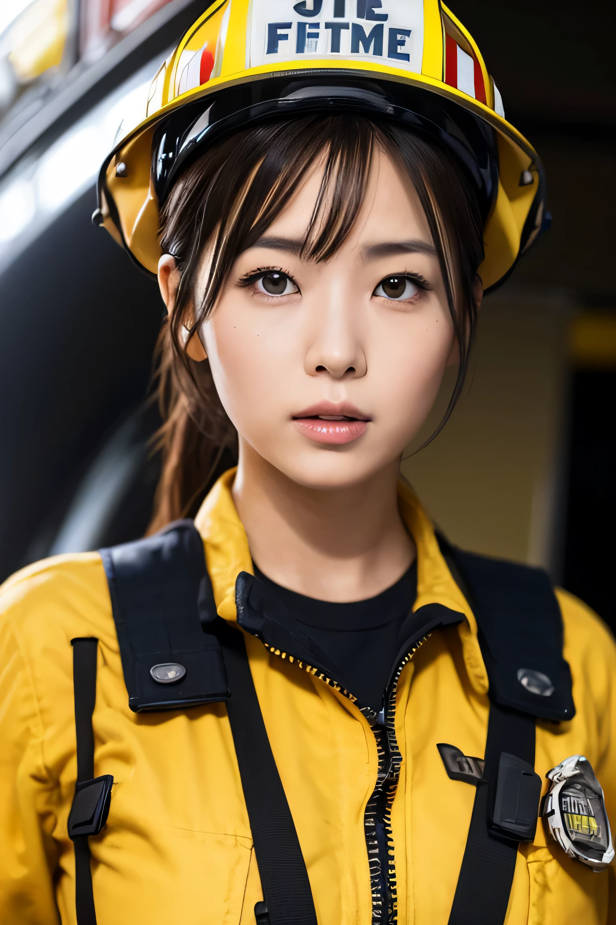woman posing for a photo,(firefighter wear_uniform:1.3), good hand,4K, High resolution, masterpiece, highest quality, head:1.3,((hasselblad photography)), fine skin, sharp focus, (cinematic lighting),1 female breast, Overweight, extremely fat, Chubby, Japanese, clavicle, night, soft lighting, dynamic angle, [:(detailed face:1.2):0.2],(((Inside the fire department))), outside