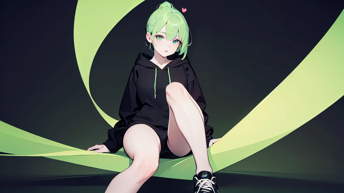 (Best quality, 4K, a high resolution, masterpiece: 1.2), (Heart: 1.2), ultra detailed, Realistic: 1.37, soft lighting, Beautiful detailed eyes and lips, alone girl, dark green hair high ponytail, bare legs, you can see the whole body from head to toe, wears a dark black oversized long hoodie, without pants, white stockings, black abstract background with green lines of code, coding, programming