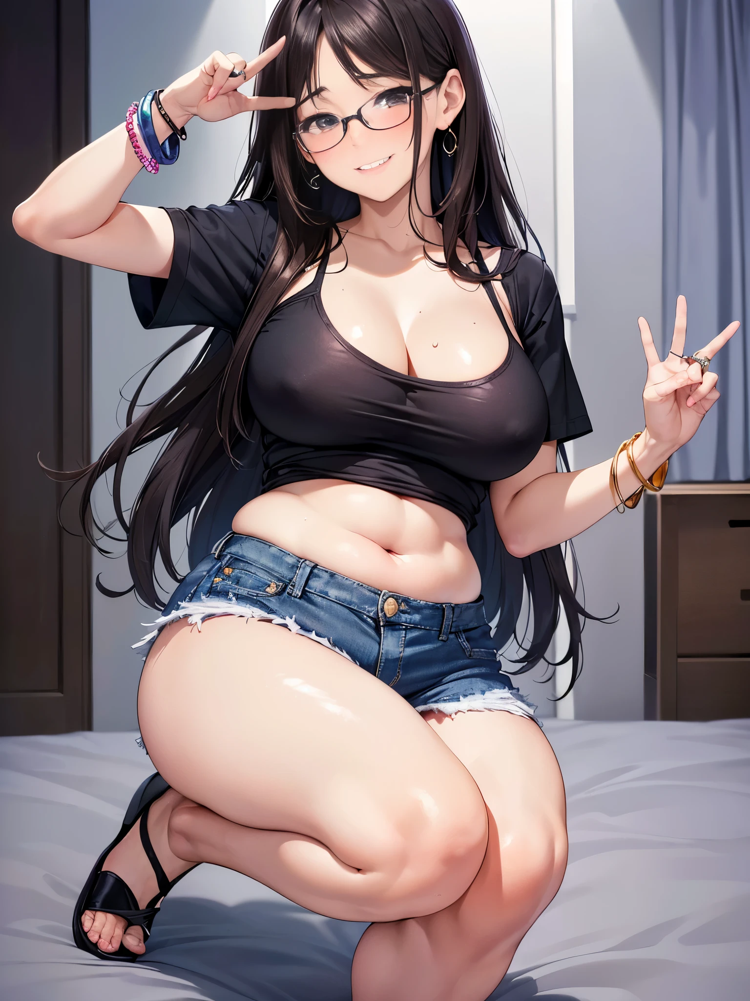 ((best quality,4k,8k,highres,masterpiece:1.2,ultradetailed,realistic,photorealistic,photo-realistic:1.37)),(1 japanese woman),(((A married woman who is ashamed of wearing clothes for young people with high exposure))),Early thirties,Perfect face,(full body),(dark hair,long hair:,center part hairstyle,gentle face,downturned eyes:1.5,Dark brown eyes,Black-rimmed glasses, marriage ring),(tearful, smiling lewdly,),(embarrassed expression, bashful, shy, blushing,married woman),look at viewer,A room in a hotel at night,(from front),(Plump),(flushed skin,flushed face),(Sweaty skin),(huge tit,dropping tit),(Small size Purple belly T-shirt,Super mini skirt made of denim fabric,Pop hairpin,Colorful bracelets,Thick-bottomed sandals),Make a peace sign while being ashamed