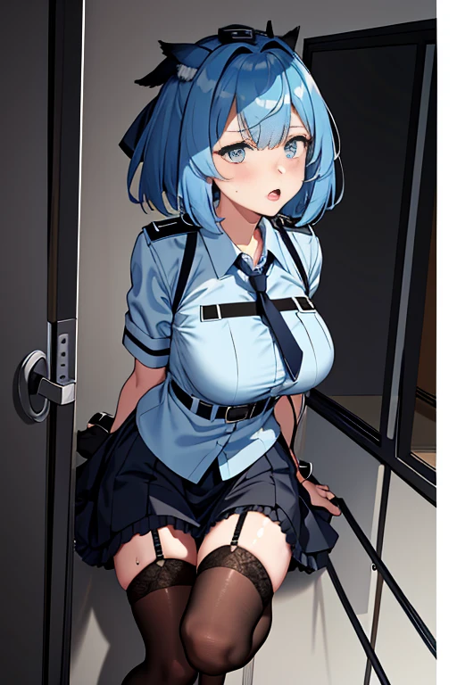 blue hair,big breasts,Police attire,Restraining arms and legs,Very short skirt,Fluffy bra,garter belt, black stockings,Arm and leg restrained from ceiling,A painful look,blush,open your mouth wide,Drool,tongue,sweaty