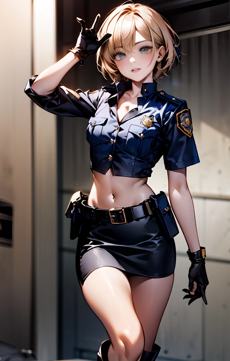 official art, Highly detailed CG Unity 8K wallpaper, highest quality, masterpiece, High resolution, Beautiful Girl Criminal Cop, short hair, black crop top vest, brown belt, pistol holster on thigh, Body Armor, tactical gloves, black minileather skirt, police uniform style, black long tube flat boots, police badge on chest, squad car