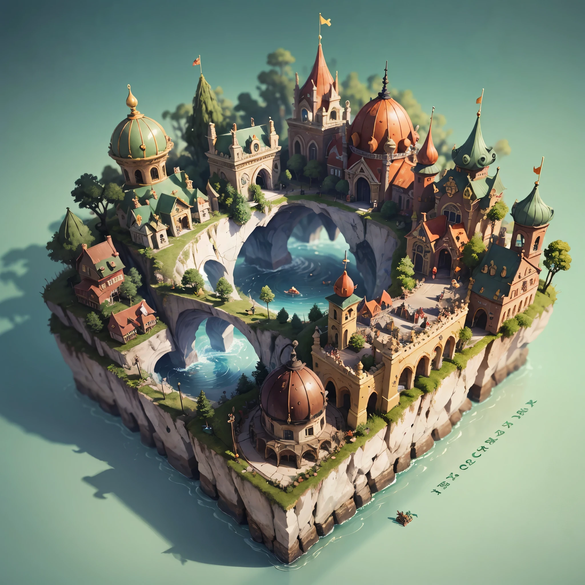 3d isometric view of dark fantasy island, claymation,