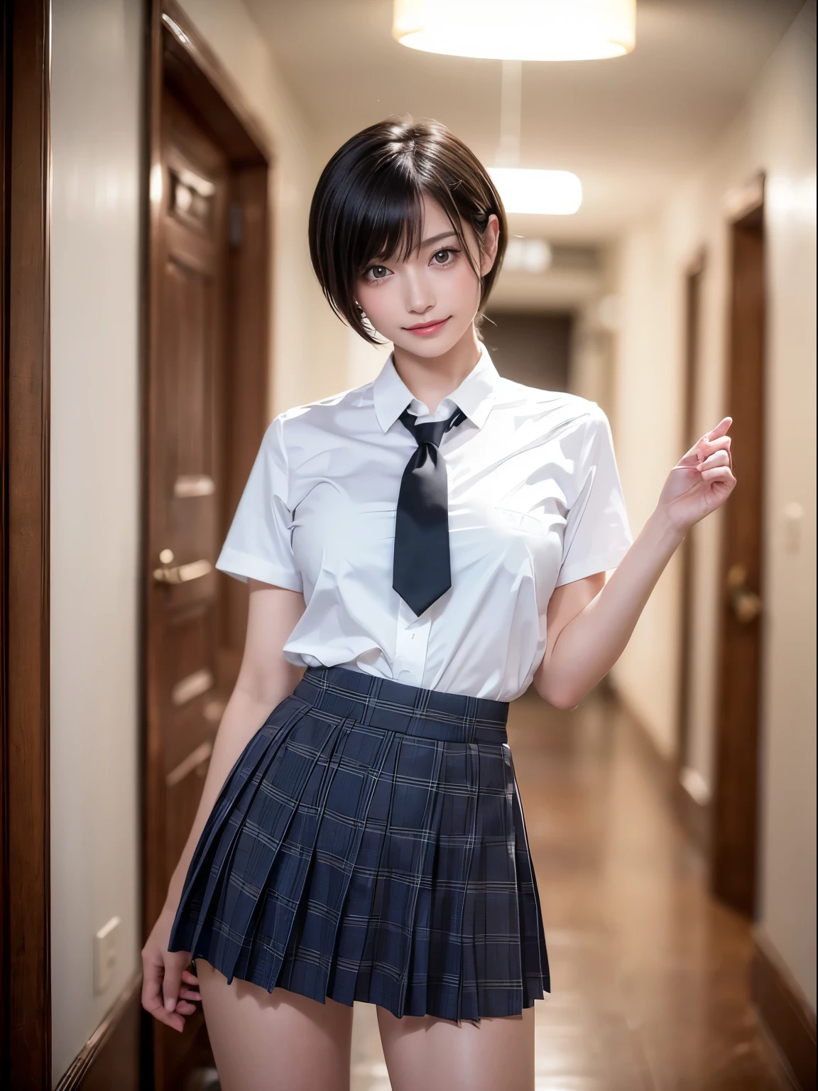 ((dynamicposes)), (((skirt lift by yourself))), (((lifted by self))), ((panties focus)), ((panties on)), ((shool uniform)), ((Plaid chool hallway, (NSFW), 1womanl, 独奏, 24 year old, 7headed body, (cute  face), (Ideal ratio body proportions), (Composition from head to thigh), Smiling smile, erectile nipple, Sexy body, Wet, short-hair, Dark hair, , A slender, Small buttocks, beauty legs, Skinny Legs, surrealism, Cinematic lighting, depth of fields, One-person viewpoint, F/1.8, 135 mm, nffsw, masutepiece, ccurate, ((Anatomically correct)), Textured skin, Super Detail, high details, High quality, awardwinning, Best Quality, hight resolution, 8K