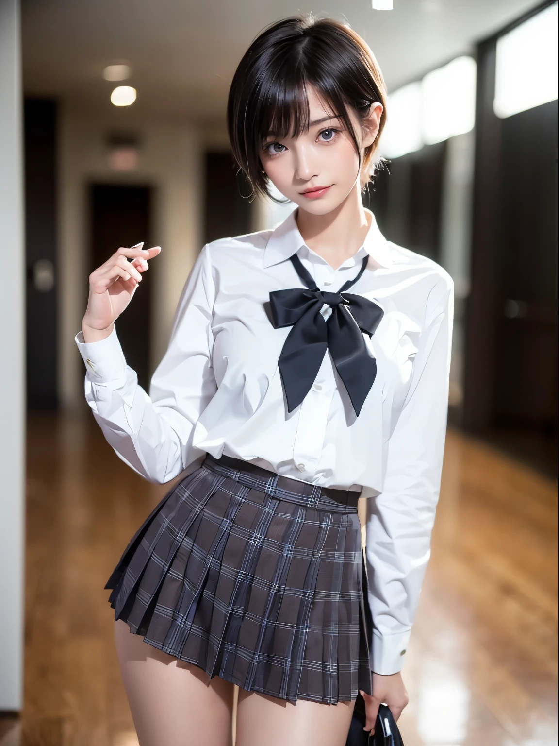 Top Quality, Masterpiece, 1 Girl, Beautiful Face, (Photorealistic Picture:1.3), Rim Lighting, (High Detail Skin:1.2), 8K UHD, DSLR, High Quality, High Definition, 4K, 8K, Absurdity,(Real:1.3), Beautiful Girl, Pretty High School Uniform, Middle Breasts, Short Skirt, Black Hair, Short Bob Hair --auto --s2