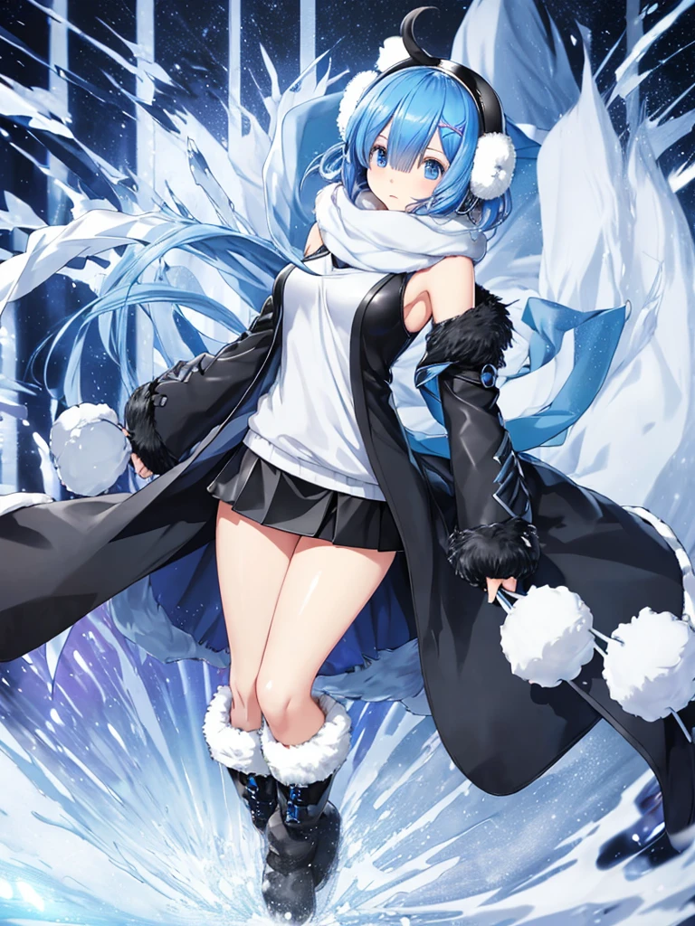Rem,Re:zero,blue hair,short hair, (wearing a black coat over a white tank top), (open coat), (tight leather black miniskirt), (floating scarf),
(nordic pattern winter scarf),
((Both ears are covered with fluffy white fur,
fluffy earmuffs)), (heel boots).