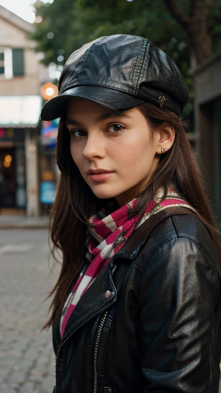 Hyperrealist portrait sharp focus, professional photo, Gorgeous, pretty, warm-hearted, kind-hearted, good-hearted, stunning, cheerful, sweet, polite, sensitive, sensible, shiny, charming, stylish, large brown haired russian woman, she is wearing a leather biker jacket, a black newsboy cap and a pink scarf.