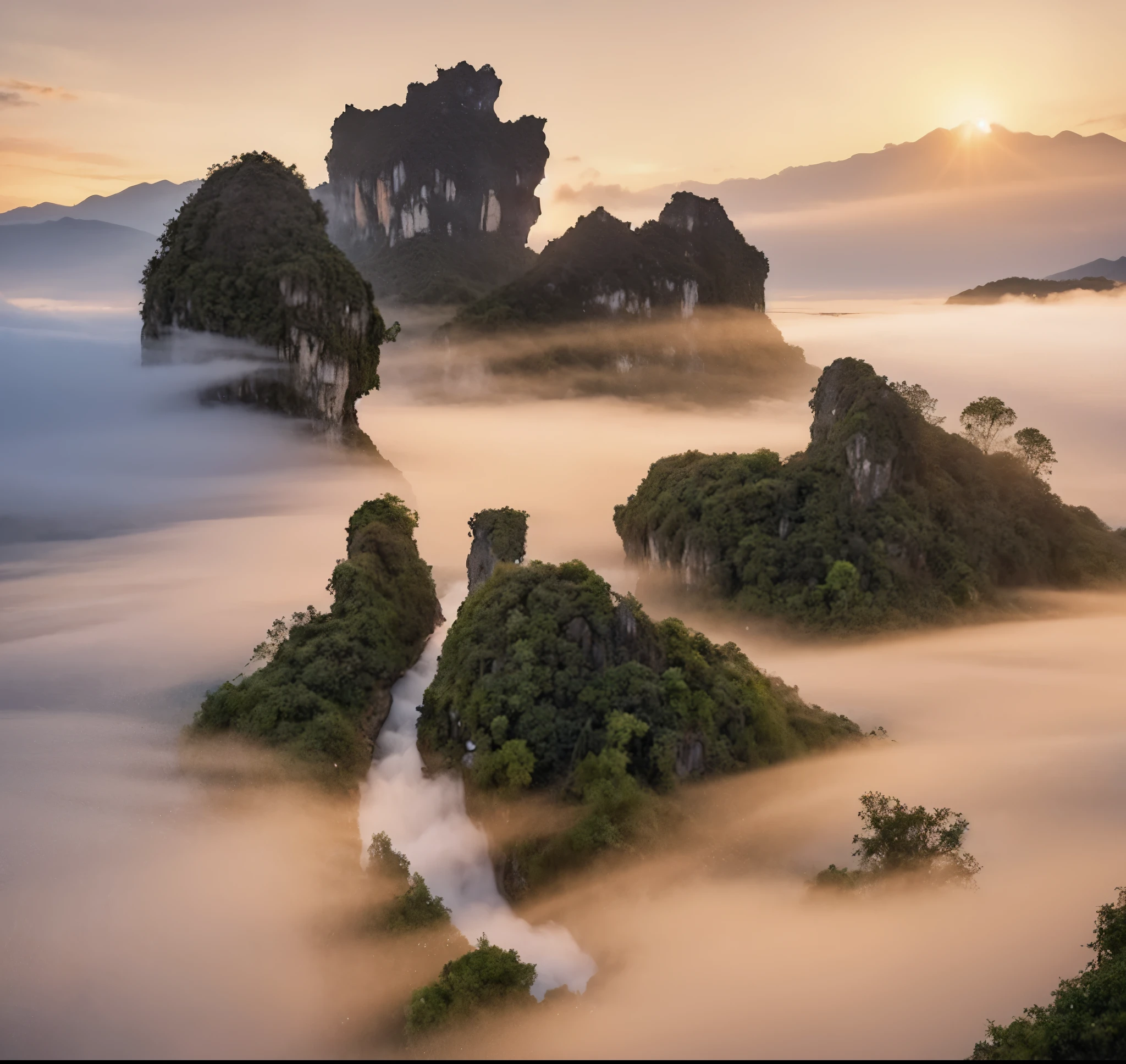Region of Luang Phabang, Mountain scene blanketed ethereal mist, landscape photograph, lush greenery, valleys,temple laos