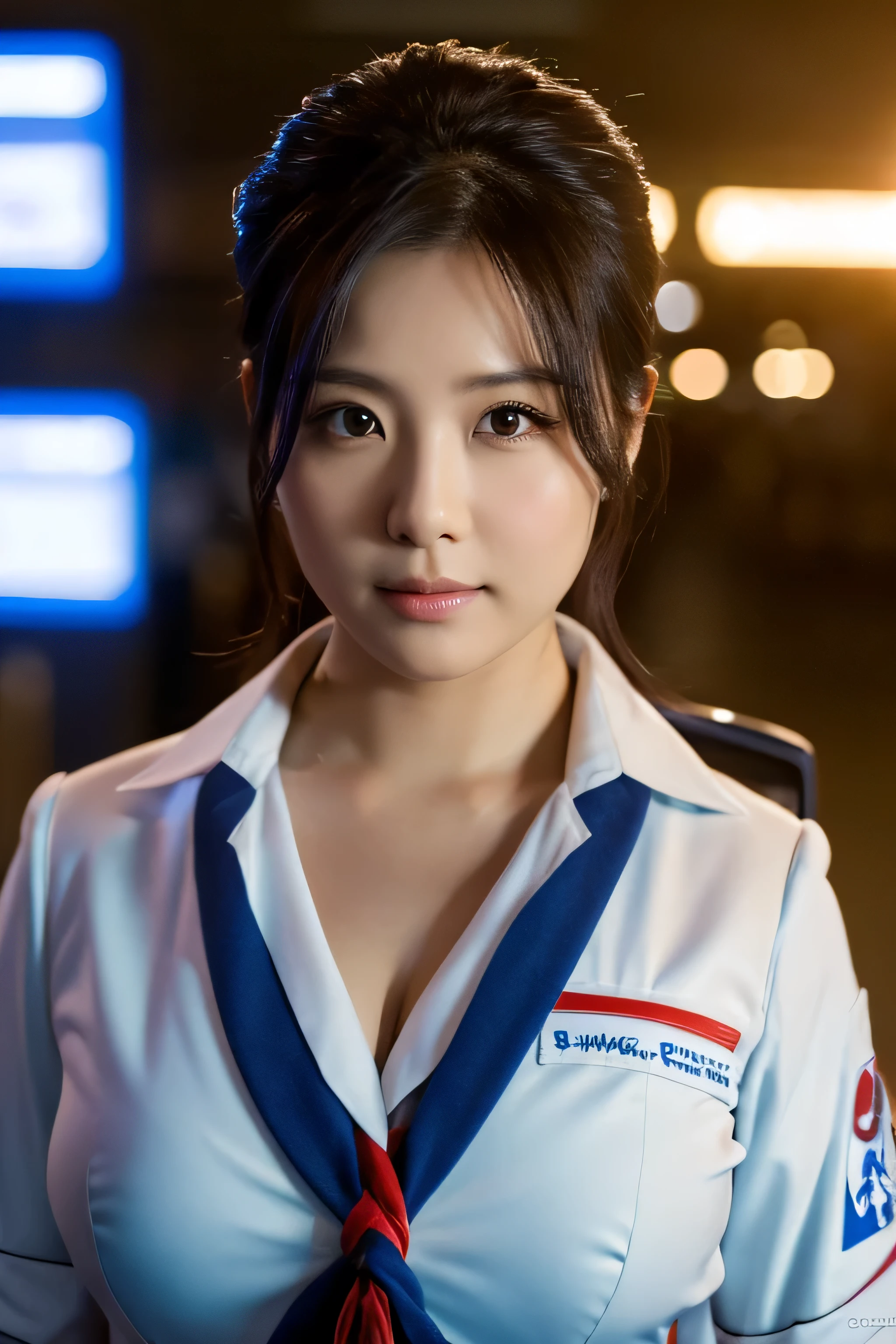 woman posing for a photo,(wear a pilot_uniform:1.3), good hand,4K, High resolution, masterpiece, highest quality, head:1.3,((hasselblad photography)), fine skin, sharp focus, (cinematic lighting),1 female breast, Overweight, extremely fat, Chubby, Japanese, clavicle, night, soft lighting, dynamic angle, [:(detailed face:1.2):0.2],(((Inside the airport))), outside