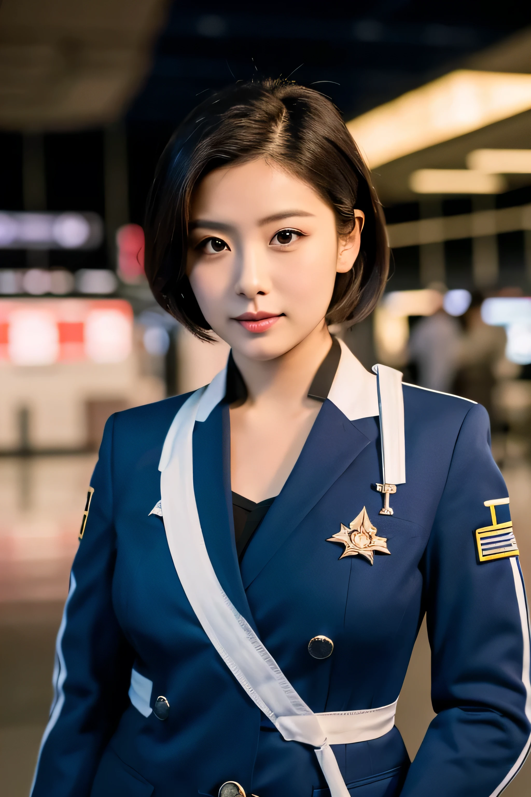 woman posing for a photo,(wear a pilot_uniform:1.3), good hand,4K, High resolution, masterpiece, highest quality, head:1.3,((hasselblad photography)), fine skin, sharp focus, (cinematic lighting),1 female breast, Overweight, extremely fat, Chubby, Japanese, clavicle, night, soft lighting, dynamic angle, [:(detailed face:1.2):0.2],(((Inside the airport))), outside