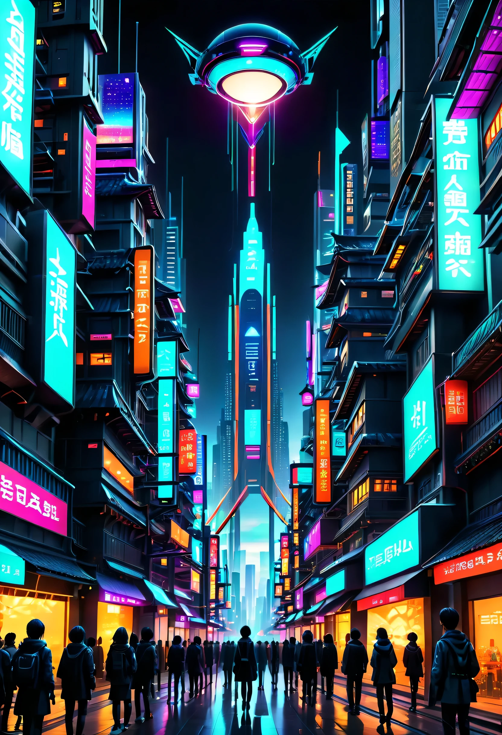 In this image of a futuristic city at night，We were taken into a city full of technology and innovation。Tall skyscrapers glowing with neon lights in the night sky，Form a series of colored lines。The exterior walls of these buildings are covered with reflective materials，Reflect surrounding light，Create a futuristic atmosphere。 On the streets of the city，Driverless cars and planes flying by，They leave colorful traces in the night sky。The vehicles are made of smooth metal and  materials，It gives a sense of technology and the future。People wear fashionable clothes，Wear smart glasses and bracelets，Integration with technology。 The center of the city is a huge，There is a huge water screen projection on it，Displays a variety of gorgeous images and animations。People watch the water screen projection，Enjoy a unique interactive experience with artwork and technology demonstrations。Surrounded by green belt，Planting the plants of the future，These plants emit faint fluorescence，Add a touch of vitality and natural flavor to the city。 in the distance of the picture，We can see a huge spaceport，The spaceship is taking off，Manned travel to unknown areas of the universe。The spaceport’s architectural design is unique，Full of curves and streamlined elements，It gives a sense of future technology。 The whole picture is full of a sense of technology and the future，Showing a future city full of innovation and imagination。The painting is rich in detail，Vibrant colors full of imagination and creativity，It makes people feel like they are in a future world full of technological miracles。