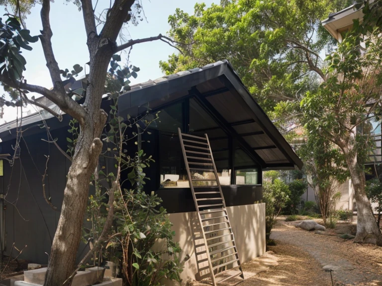 color photo of a modern and minimalist grey-colored Midcentury home. The house exudes an elegant and sophisticated vibe with its sleek lines, clean design, and neutral color palette. The exterior of the home is painted in a beautiful shade of grey, which perfectly complements the surrounding landscape. Large windows allow an abundance of natural light to flood the interior, creating a bright and airy atmosphere. The architectural details, such as the flat roof, angular shapes, and minimalistic landscaping, add to the overall contemporary aesthetic of the house. This grey Midcentury home stands as a timeless masterpiece, blending seamlessly with its surroundings.
