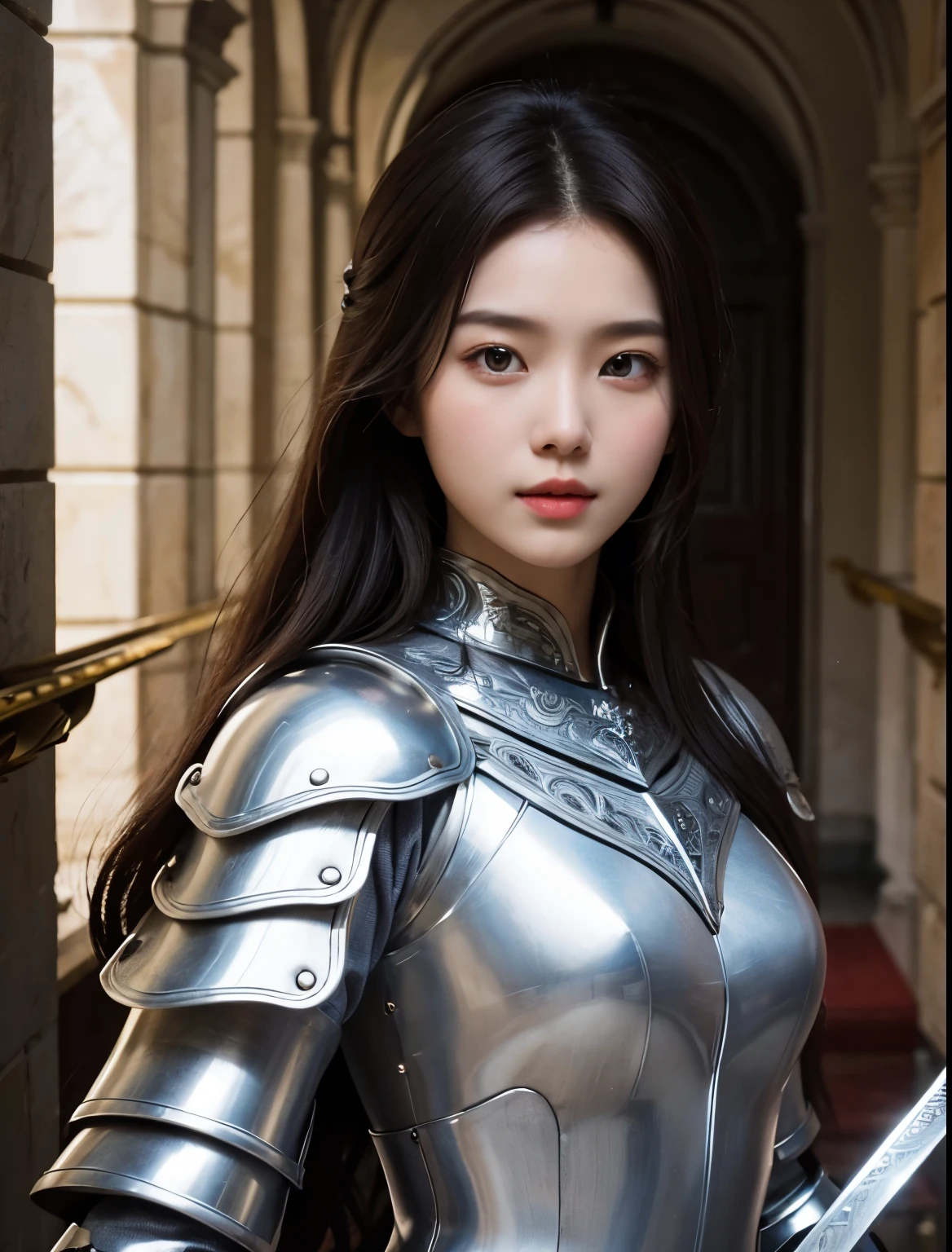 one beautiful woman。Dark brown hair。20 years old。Wearing beautiful silver-white armor、holding a long sword in one hand。she is in the palace corridor。