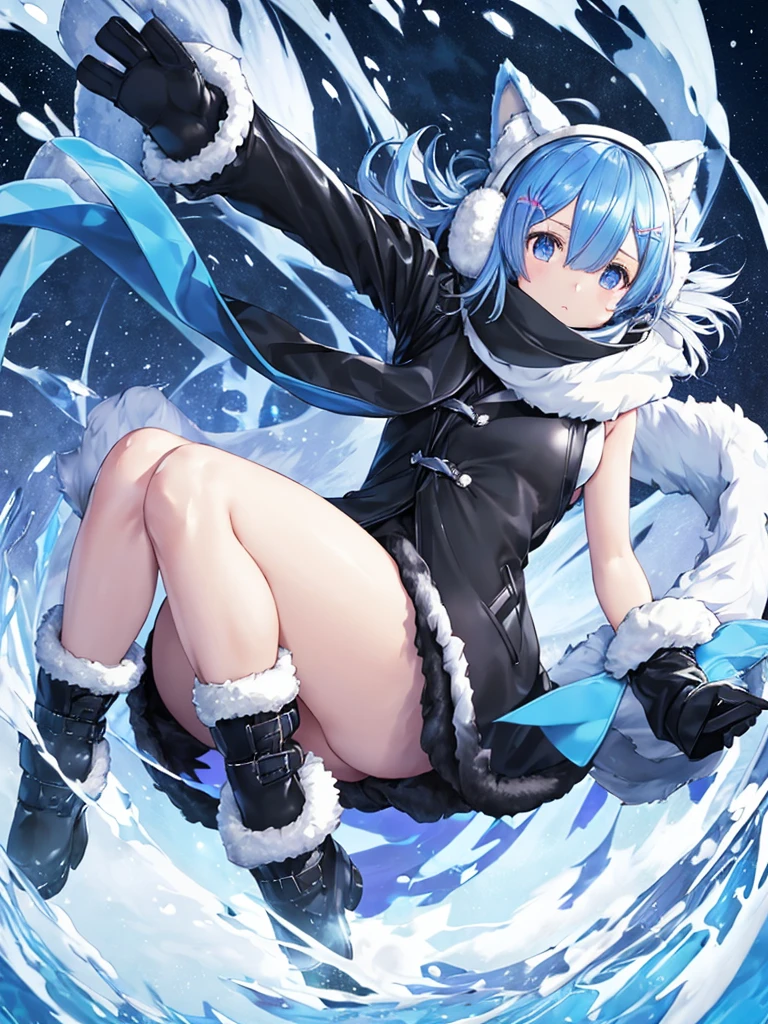 Rem,Re:zero,blue hair,short hair, (wearing a black coat over a white tank top), (open coat), (tight leather black miniskirt), (floating scarf),(1 girl),
(nordic pattern winter scarf),
((Both ears are covered with fluffy white fur,
fluffy earmuffs)), (heel boots).