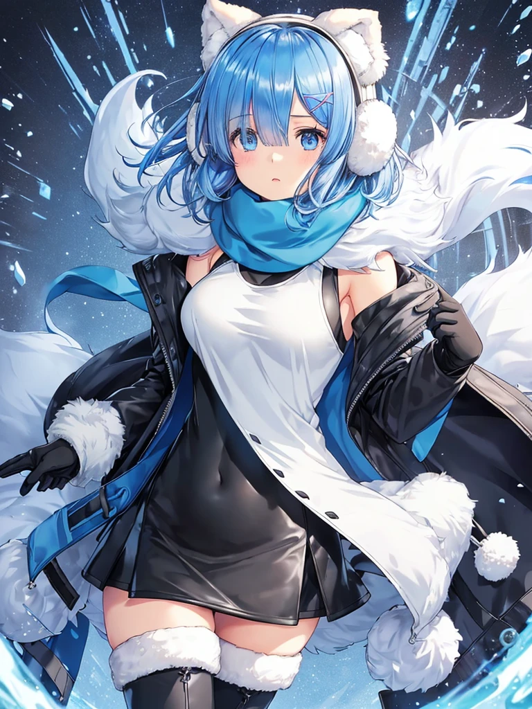 Rem,Re:zero,blue hair,short hair, (wearing a black coat over a white tank top), (open coat), (tight leather black miniskirt), (floating scarf),(1 girl),
(nordic pattern winter scarf),
((Both ears are covered with fluffy white fur,
fluffy earmuffs)), (heel boots).