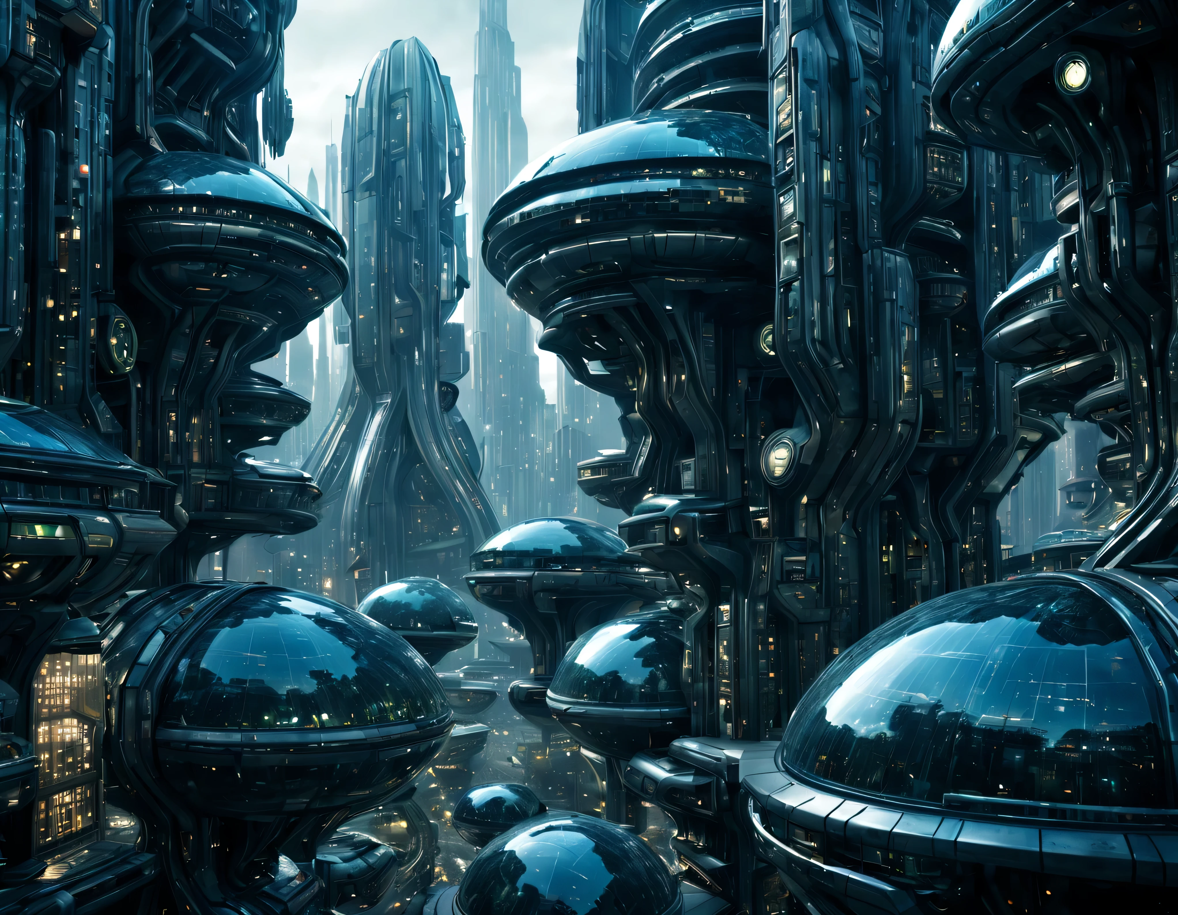 street of an extraterrestrial alien city with futuristic and technological architecture in its metal and glass buildings, some aliens walking around, ventanas iluminadas, all full of imagination, science fiction and (intrincados detalles de la maquina).imagen fotorrealista, Maximum sharpness, calidad 8k.(obra maestra de calidad superior). 3D.