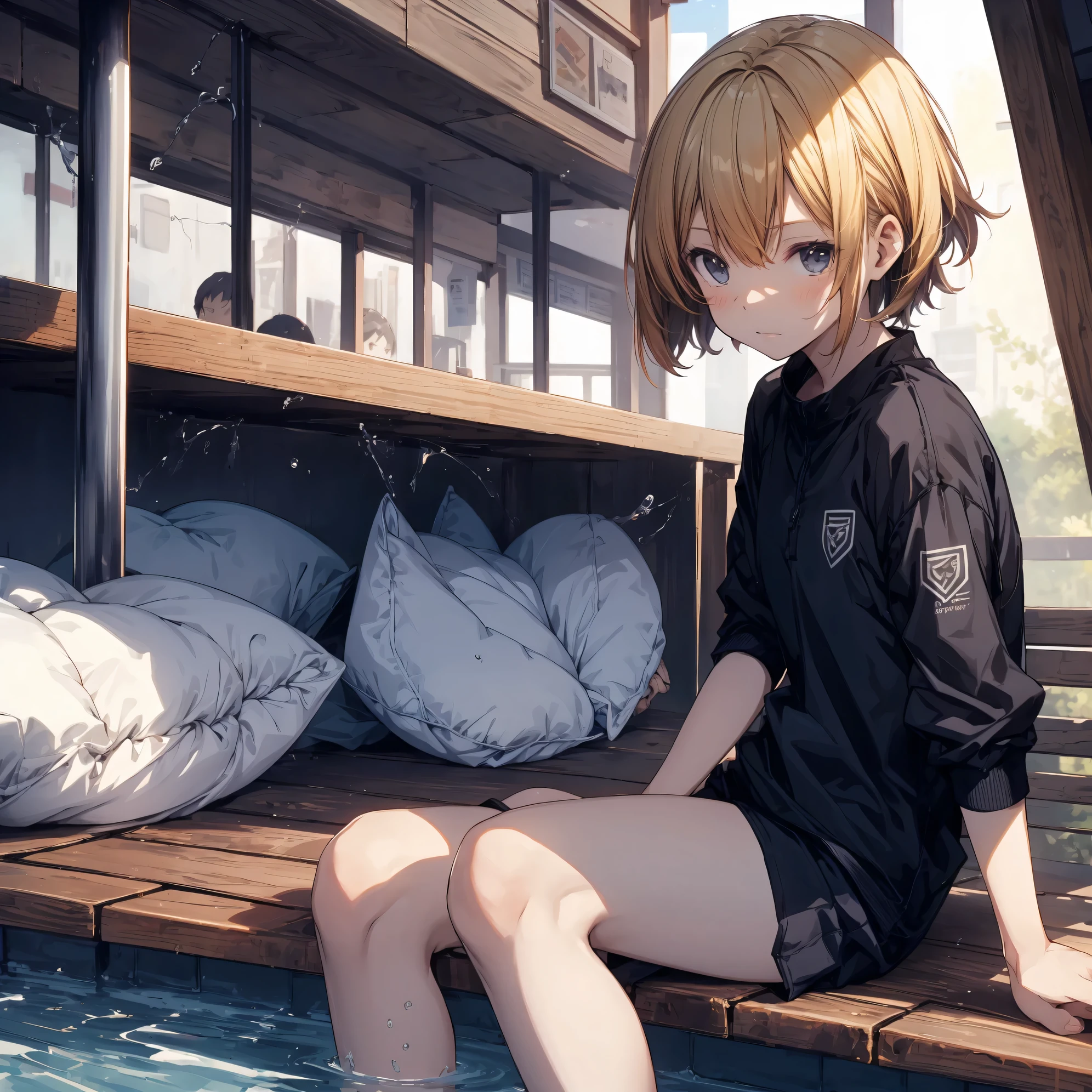 Super high quality by the art god, super detailed, High resolution, Shinkai Makoto style, anime moe art style, best anime 8K konachan wallpaper, pixiv contest winner, perfect anatomy, break,(スクール水着を着た女の子がプールサイドのベンチにalone眠そうに座っている絵を描いてください.),break, surreal girl, (alone,lolita, , 13 years old:1.3),All limbs, full finger,, androgynous charm, (very short hair), wet hair, small round breasts,slender body, small ass, between legs, Small black eyes,hanme,beautiful and fine eyes, Well-proportioned iris and pupils, sleepy eyes, High resolutionの詳細な髪, School swimsuit wear,in School pool. break,super dense skin, shiny skin, Best lighting by famous artists, 8K, figure,surrealism, UHD, rough skin