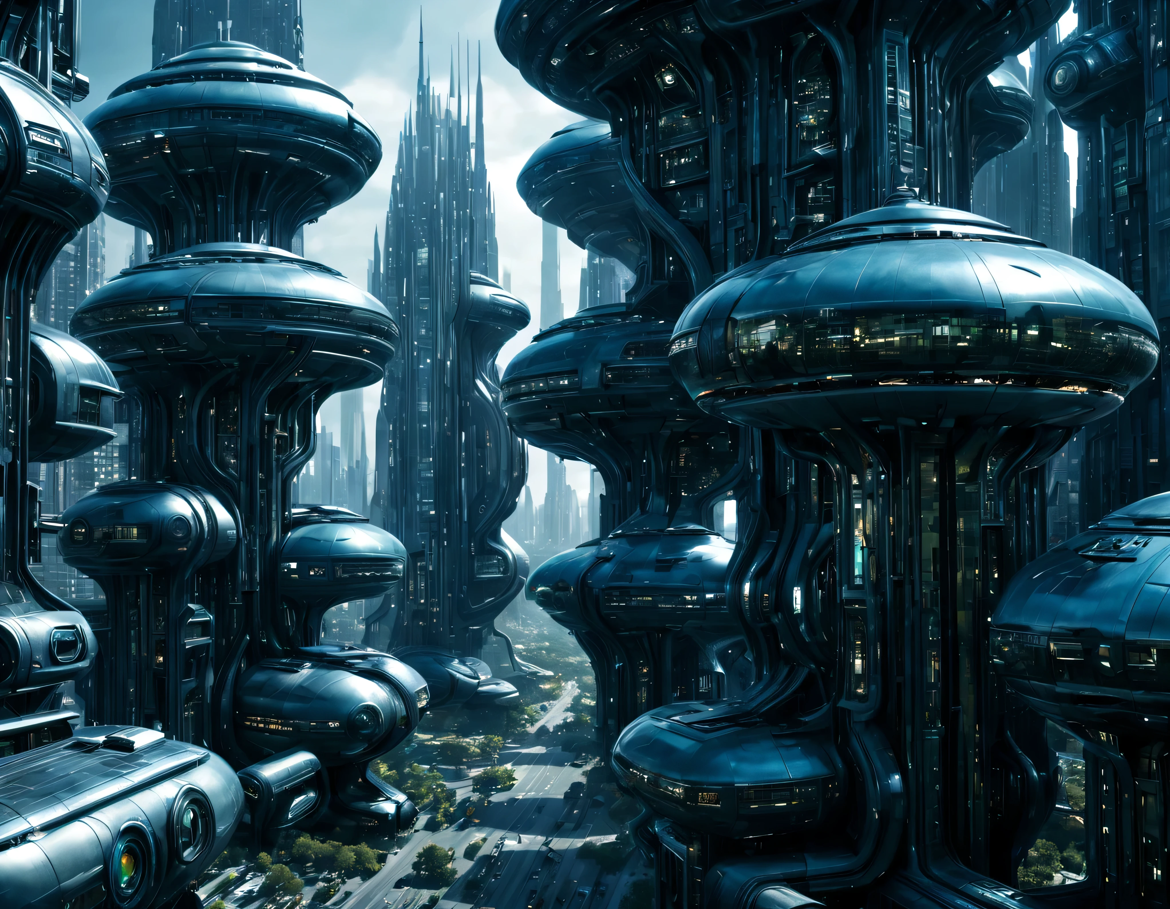 street of an extraterrestrial alien city with futuristic and technological architecture in its metal and glass buildings, some aliens walking around, ventanas iluminadas, all full of imagination, science fiction and (intrincados detalles de la maquina).imagen fotorrealista, Maximum sharpness, calidad 8k.(obra maestra de calidad superior). 3D.