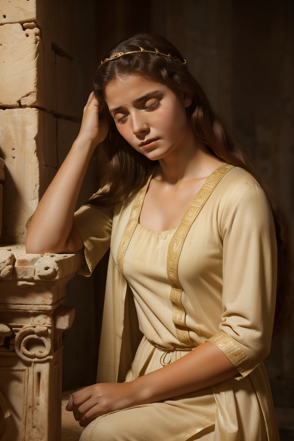 Rome, 77 BC. A young ((((19-year-old)) Cornelia Cinna)), at home, (((teary eyes, tears running down her face))). ((((roman clothings from the 1st century BC))))