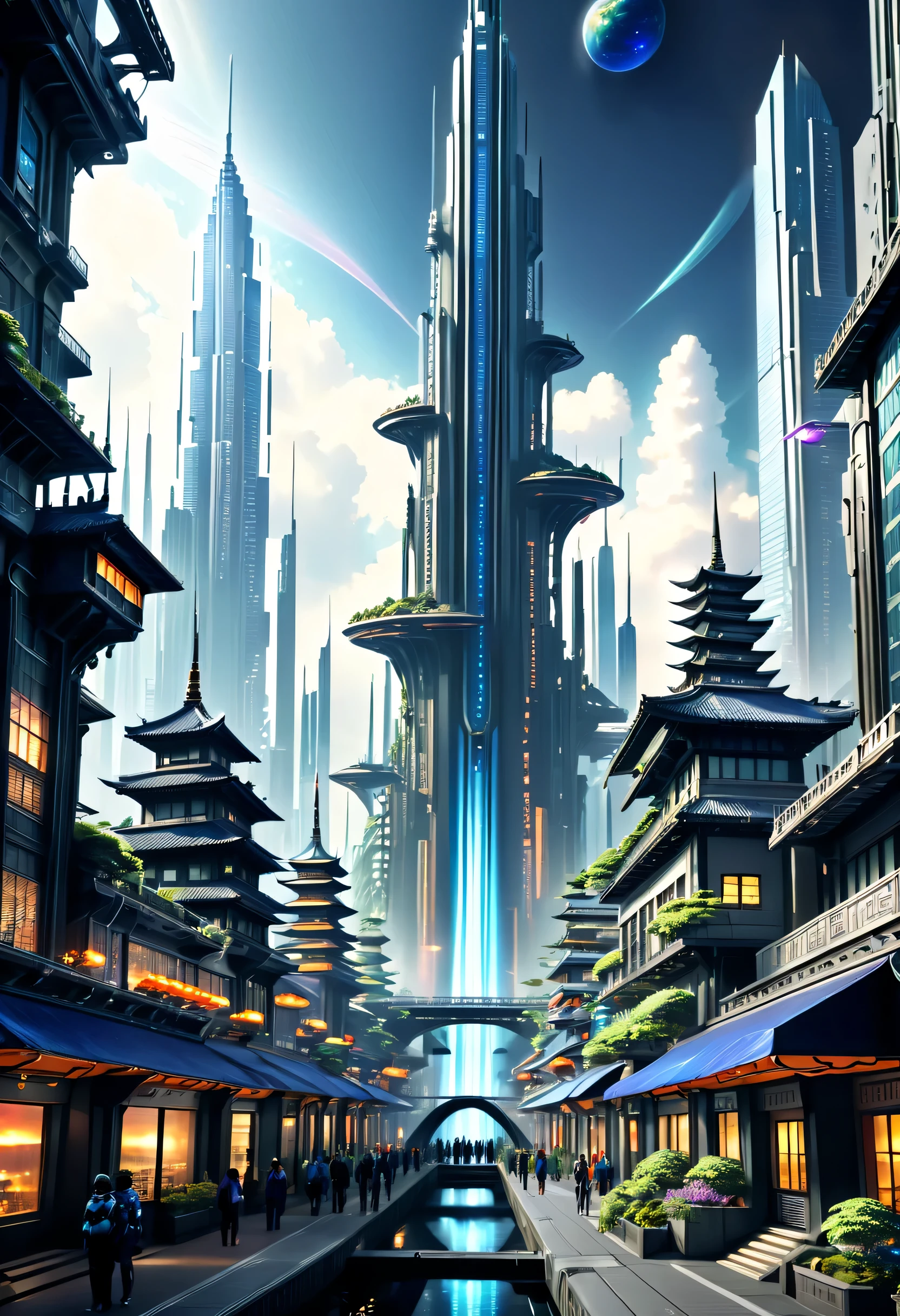 Space City、Futuristic cities、floating in the universe、cyberpunked、Skyscrapers line the streets、A space station、top-quality、​masterpiece、２４century、dream、utopian、planet earth、World of Dreams、Fantasia、𝓡𝓸𝓶𝓪𝓷𝓽𝓲𝓬、Super huge waterfall、ＳＦart by、Super huge structure、