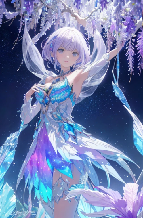crystal girl，(Made of rainbow crystal)，bioluminiscent creature,(wisteria flowers),(On delicate branches)、intricate artwork . Rendering with Octane, Trending at Art Station,T-symmetrical artwork. night,starry sky,starlight, cinematic, ultra realistic realism, high detail, Rendering with Octane, 32K, Bright colors, broken glass effect, no background, amazing, What doesn't exist, wonderful existence, energy, molecular, textured, Iridescent colors and emission scales, pure perfection, divine being, Unforgettable, impressive, volume light, There is a cleavage, light, Bright colorsの反射