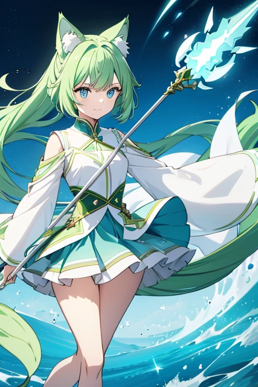 woman with long light green hair Cat ears, long fluffy tail Use the power of the wind element Uses a long spear, has a playful personality, smiles all the time, blue eyes, white clothes, light blue short skirt. 