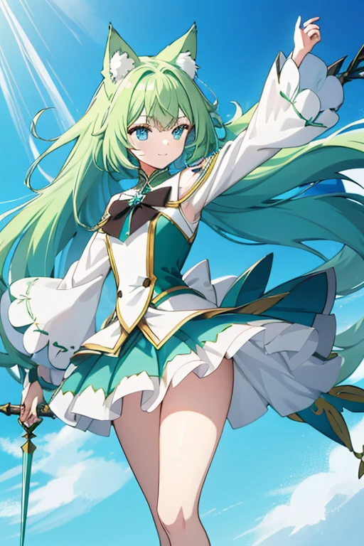 woman with long light green hair Cat ears, long fluffy tail Use the power of the wind element Uses a long spear, has a playful personality, smiles all the time, blue eyes, white clothes, light blue short skirt. 