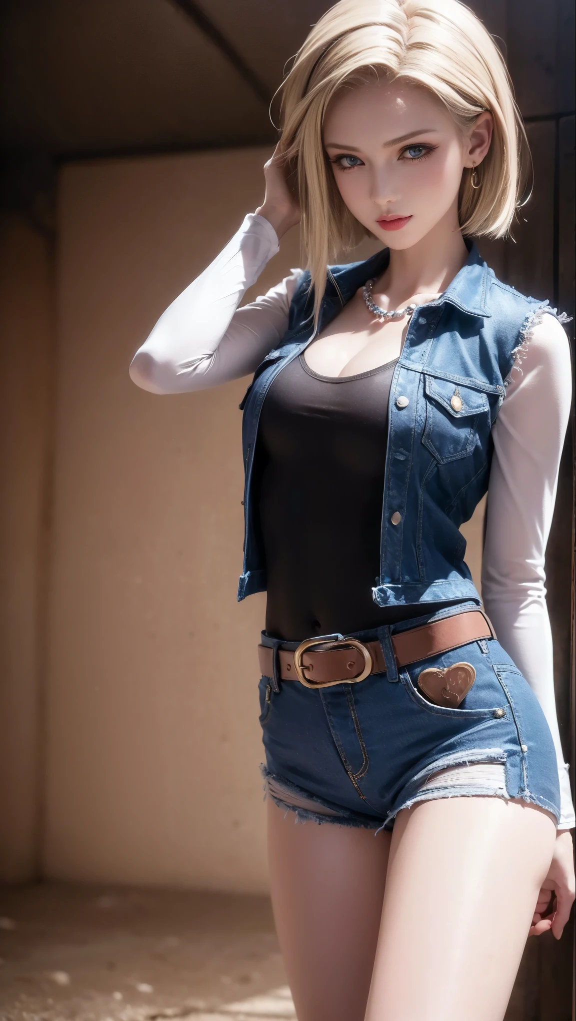 8K, real image, intricate details, super detailed,(realistic),
and 18, (1 girl),(solo:1.5)、 android 18, blonde hair, blue eyes, belt, jeans, pearl_necklace, bracelet, black gloves, white shirt, short hair, short sleeve, earrings, Blue pants, open vest, black vest,