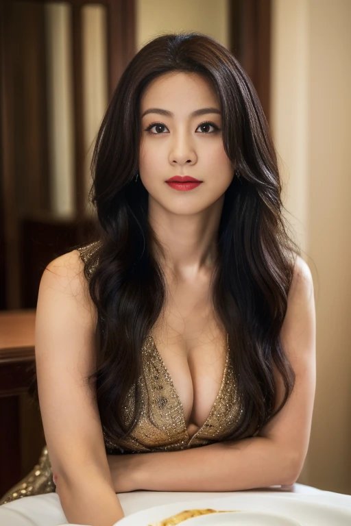 (high quality,ultra-detailed,realistic:1.37),(best quality,4k,8k,highres,masterpiece:1.2), full body, a majestic noble mistress over 42 years old, serious expression, plump figure, gigantic cleavage breasts, towering stature, gigantic hip, powerful thighs, intense aura, dominance, plump big fat buttocks, (leggings:1.2), (Ming-Na Wen:1.2),Fringe,Plate hair