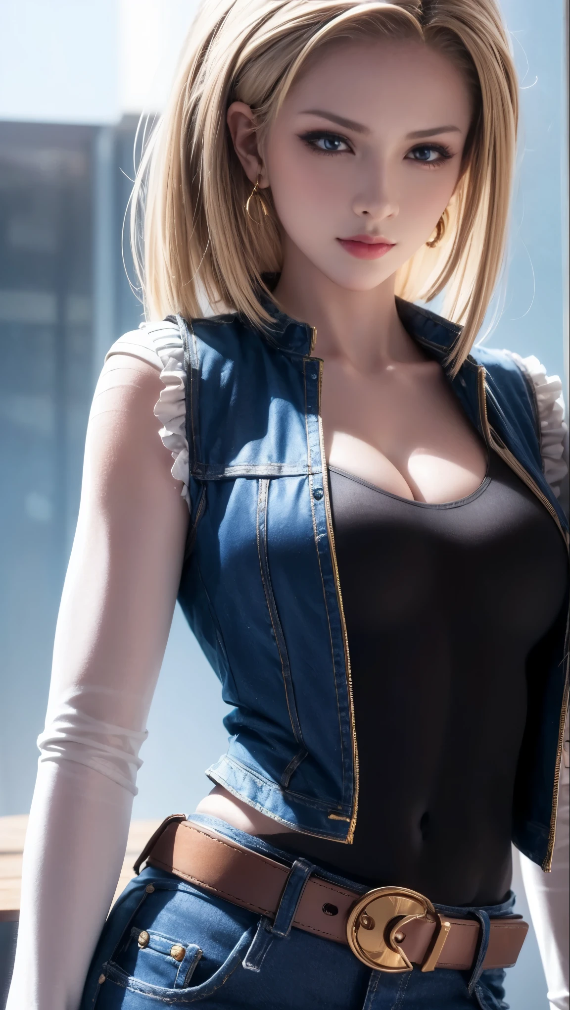 8K, real image, intricate details, super detailed,(realistic),
and 18, (1 girl),(solo:1.5)、 android 18, blonde hair, blue eyes, belt, jeans, pearl_necklace, bracelet, black gloves, white shirt, short hair, short sleeve, earrings, Blue pants, open vest, black vest,