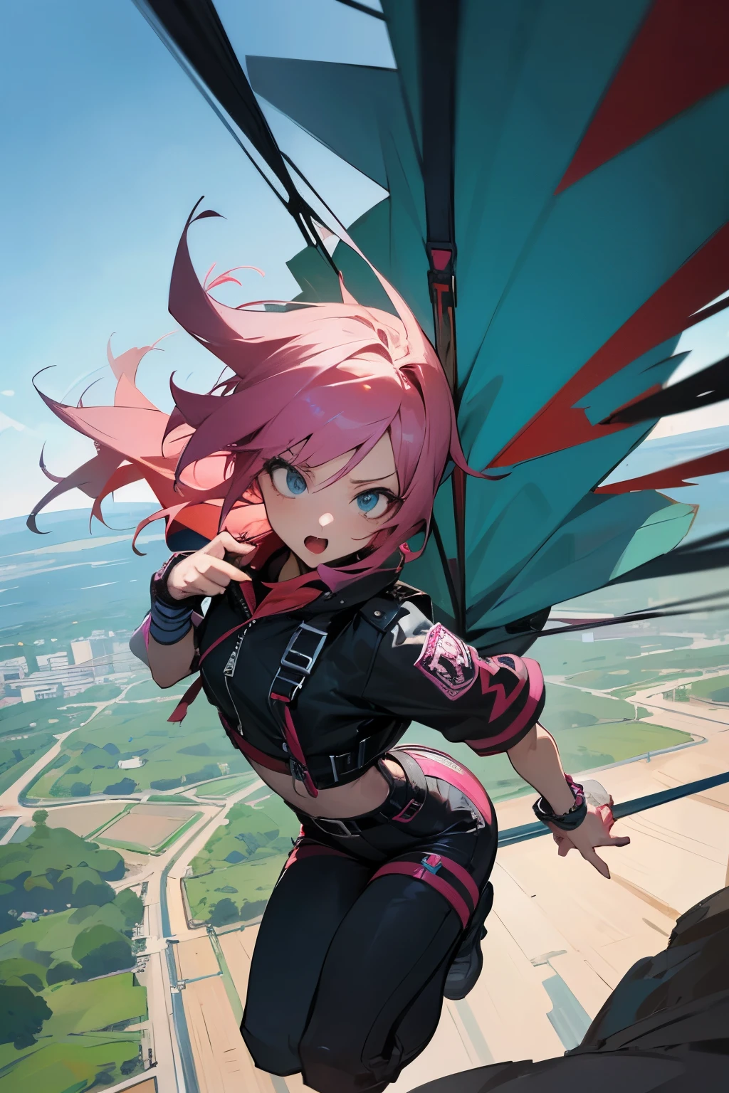 A high-resolution, dynamic image of a 20-something anime-style woman dressed as a punk rocker trying to bungee jump off a cliff, but being too scared to fly.