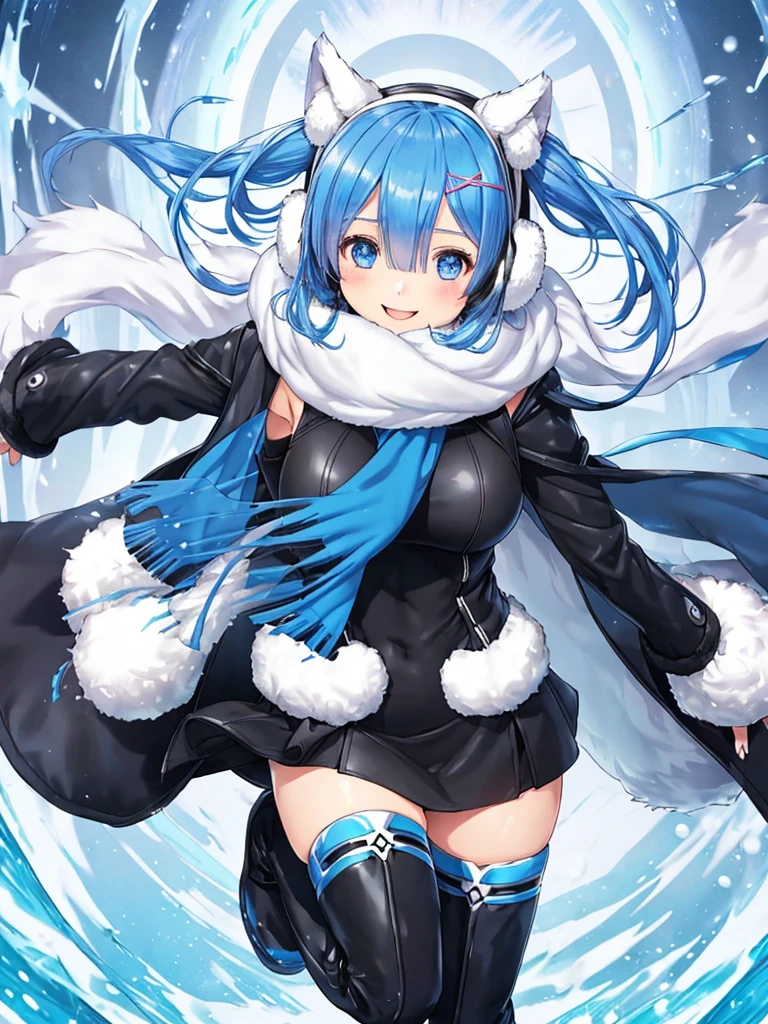 Rem,Re:zero,blue hair,short hair, (wearing a black coat over a white tank top), (open coat), (tight leather black miniskirt), (floating scarf),(1 girl),(smile),
(nordic pattern winter scarf),
((Both ears are covered with fluffy white fur,
fluffy earmuffs)), (heel boots).
