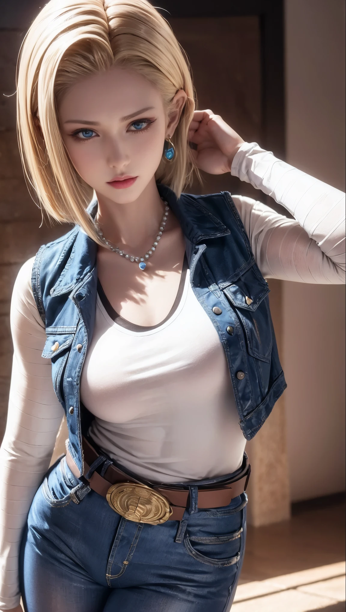 8K, real image, intricate details, super detailed,(realistic),
and 18, (1 girl),(solo:1.5)、 android 18, blonde hair, blue eyes, belt, jeans, pearl_necklace, bracelet, black gloves, white shirt, short hair, short sleeve, earrings, Blue pants, open vest, black vest,