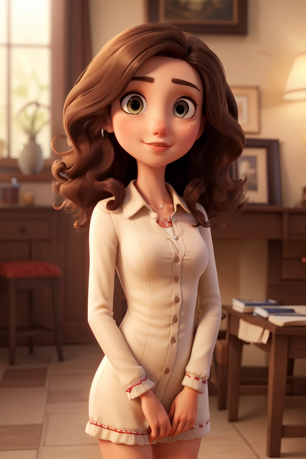 A charming Disney Pixar-style illustration of a young Brazilian woman with long, curly blonde and brown hair. She is wearing a white blouse with a black blaizer, serious look, arms crossed with a businesswoman look, white studio style background
