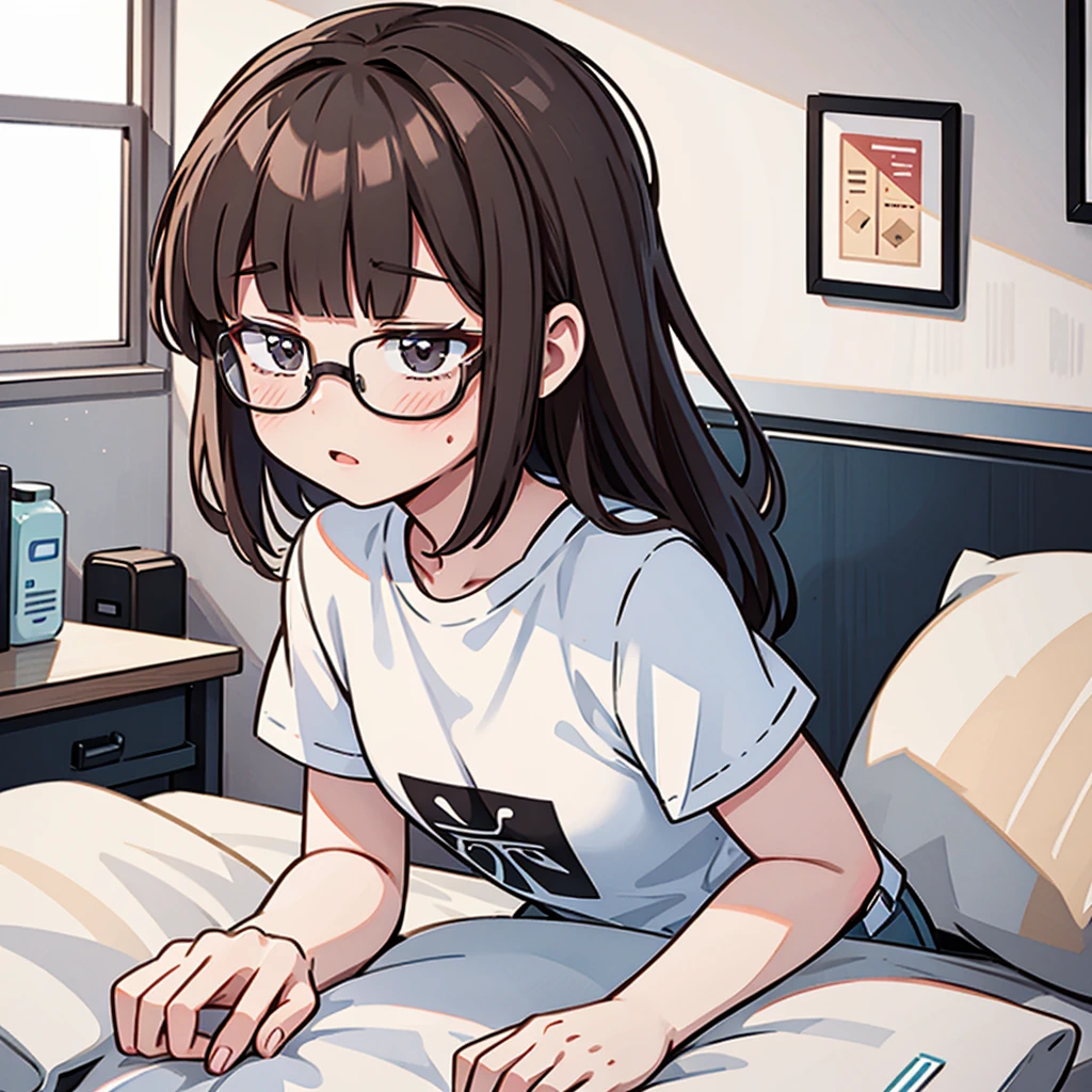 masterpiece, highest quality, High resolution, 1 girl, solo, pretty girl, ((blunt bangs)), glasses, ((disheveled tee shirt)), School girls, disheveled hair, dark brown hair, dark black eyes, ((at bedside)),