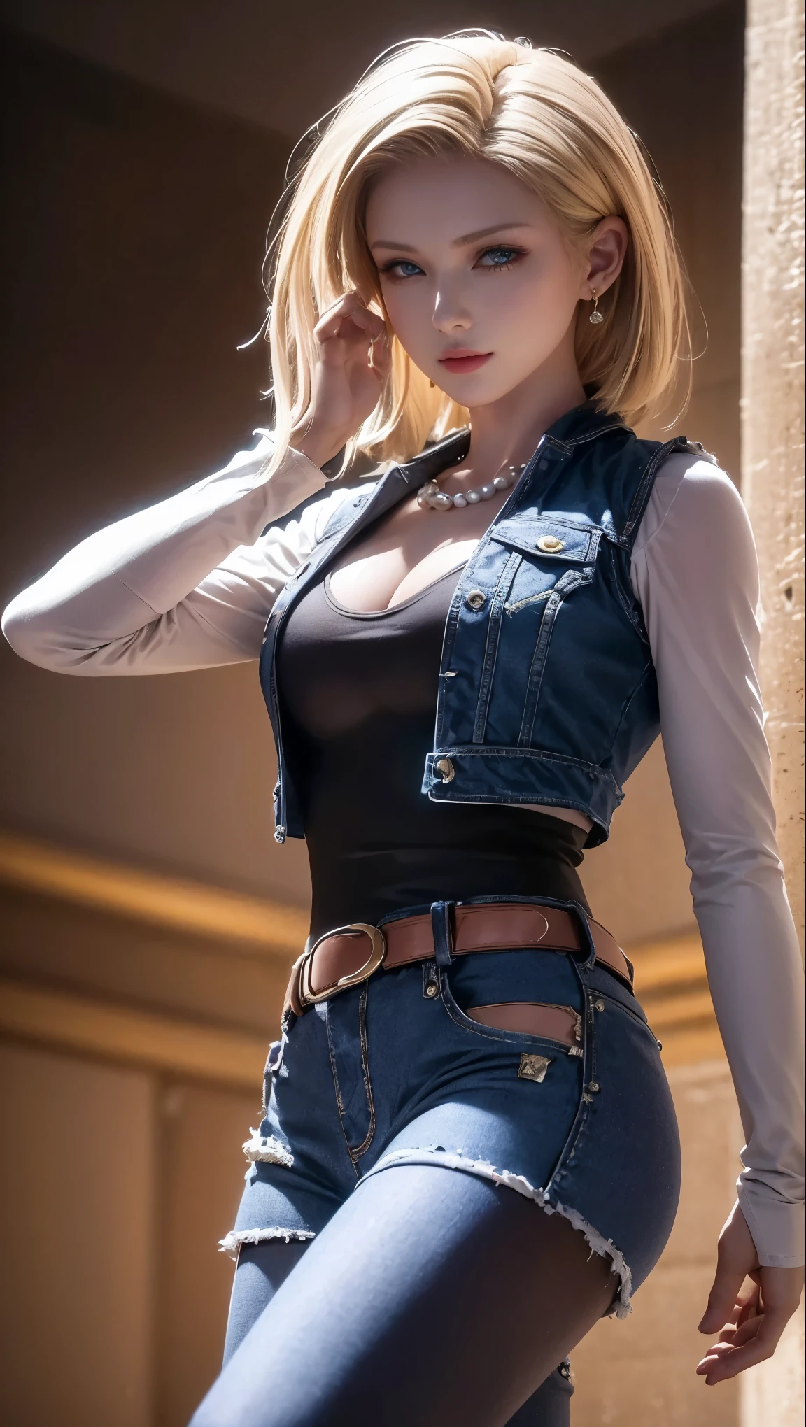 8K, real image, intricate details, super detailed,(realistic),
and 18, (1 girl),(solo:1.5)、 android 18, blonde hair, blue eyes, belt, jeans, pearl_necklace, bracelet, black gloves, white shirt, short hair, long sleeve, striped sleeve、earrings, Blue pants, open vest, black vest,