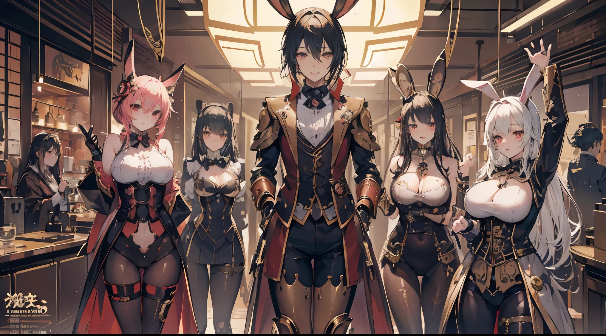 Japan anime-style steampunk illustration,All arms are steampunk style mechanical prosthetics,All legs are steampunk style mechanical prosthetics,Steampunk style big bunny headband,Steampunk style bunny suit with crotch accents and sheer chest fabric,Massive chest with heavy hanging,5 beautiful smiling android girls serving customers in a dim midnight underground luxury club illuminated only by incandescent lights
