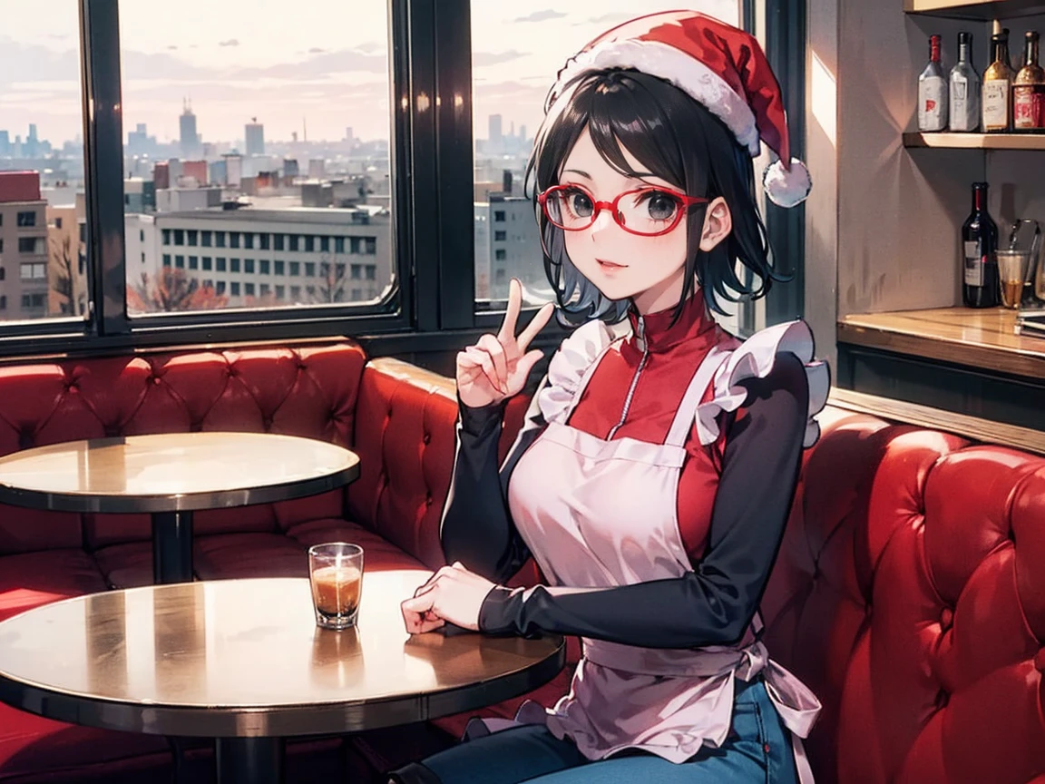 Sarada Uchiha with short hair, black eyes and prescription glasses. She healed. In a café decorated for Christmas, it has several tables and chairs, a counter and a large window overlooking the city. She has tattoos and is dressed in a red blouse, jeans, boots, black apron, bracelets and Christmas hat. athletic body. Red lipstick.